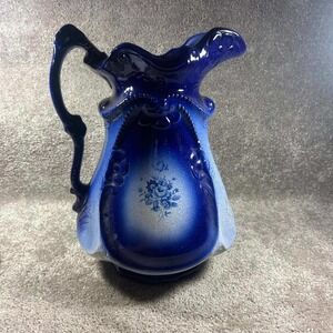 Ironstone Pitcher Flow Floral Embossed‎ Victorian Cobalt Blue